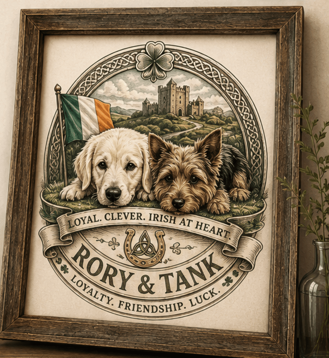 A framed Rory & Tank portrait of two dogs in a landscape setting